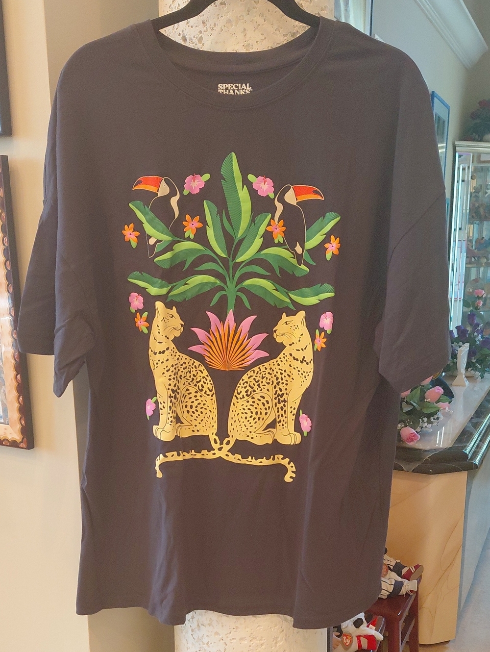 Black  Graphic Tee with Tropical Cheetah Print